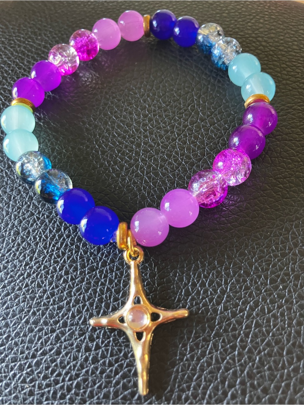 Blue and purple glass beaded bracelet with star charm